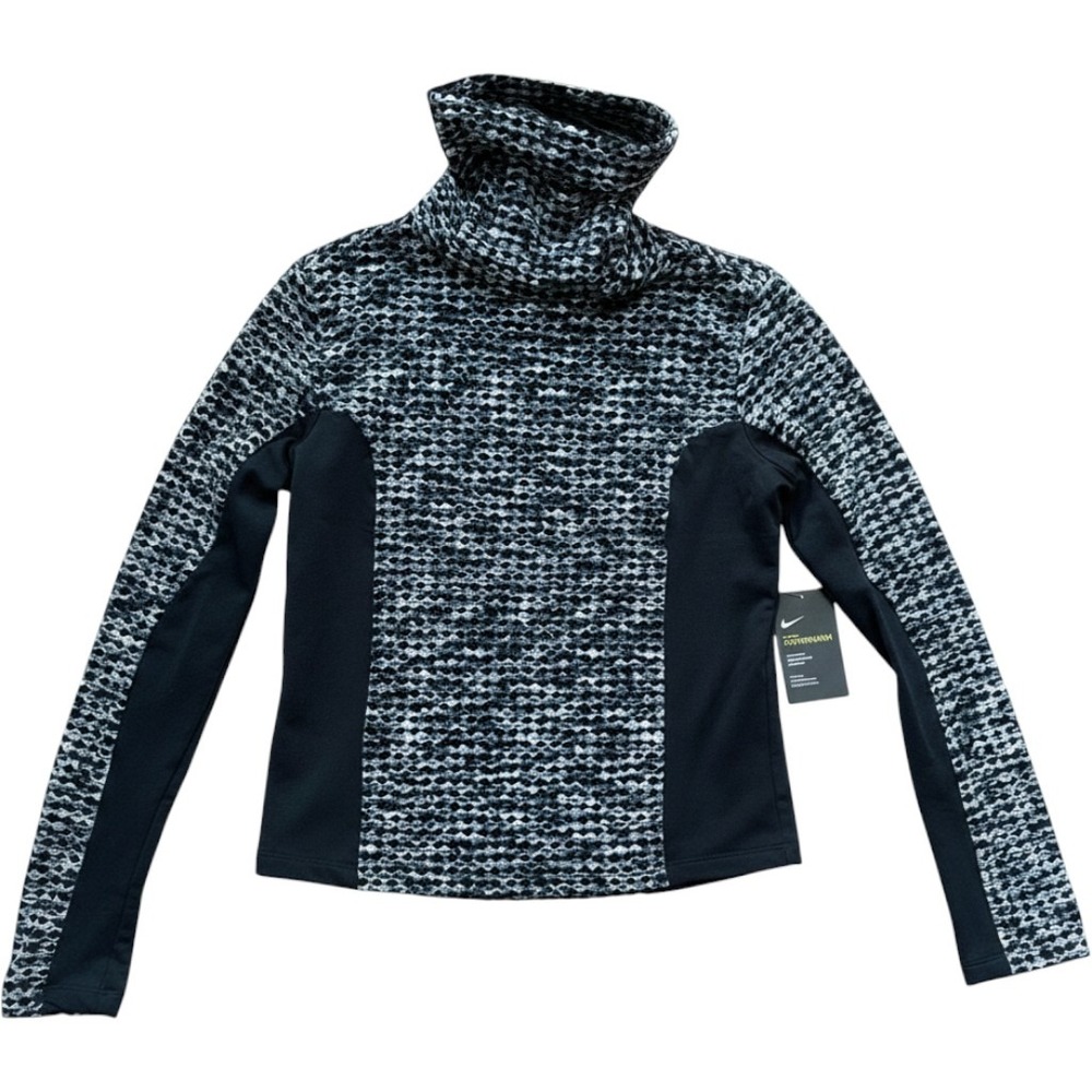 Nike Pro Women's Hyperwarm Black/White Long sleeve Funnel Neck Top Sz Medium NWT